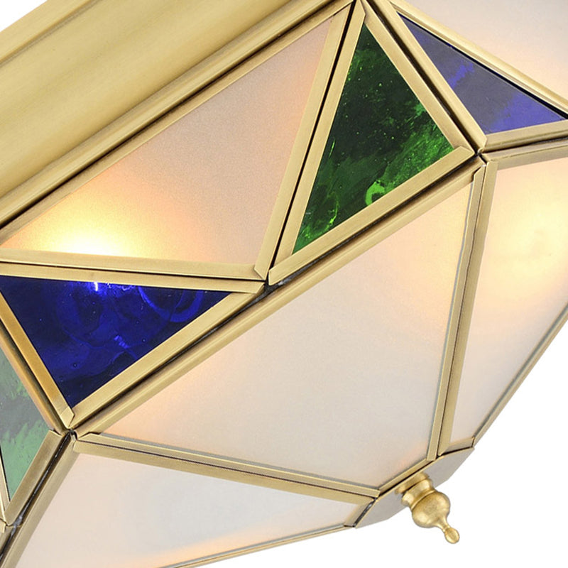 Colonialism Prism Ceiling Mount Light Fixture 3 Bulbs White/Seeded Glass Flush Mount Chandelier in Gold/Blue Clearhalo 'Ceiling Lights' 'Close To Ceiling Lights' 'Close to ceiling' 'Flush mount' Lighting' 270790