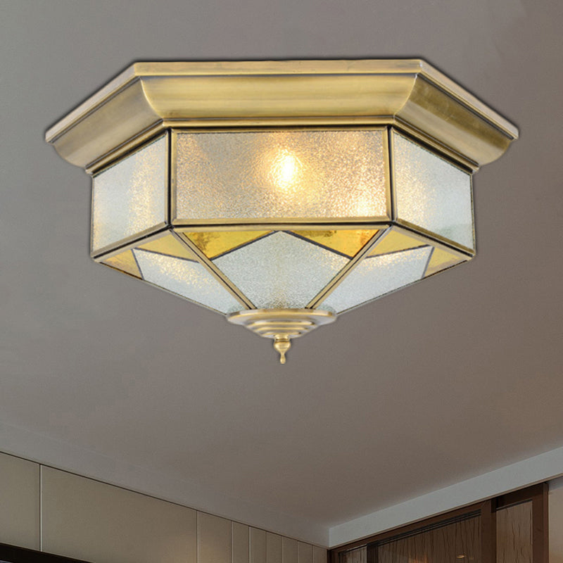 Colonialism Prism Ceiling Mount Light Fixture 3 Bulbs White/Seeded Glass Flush Mount Chandelier in Gold/Blue Gold Clearhalo 'Ceiling Lights' 'Close To Ceiling Lights' 'Close to ceiling' 'Flush mount' Lighting' 270791