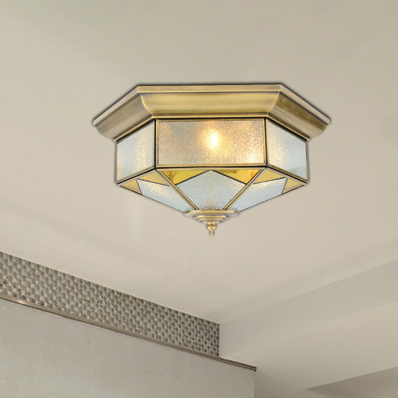 Colonialism Prism Ceiling Mount Light Fixture 3 Bulbs White/Seeded Glass Flush Mount Chandelier in Gold/Blue Clearhalo 'Ceiling Lights' 'Close To Ceiling Lights' 'Close to ceiling' 'Flush mount' Lighting' 270792