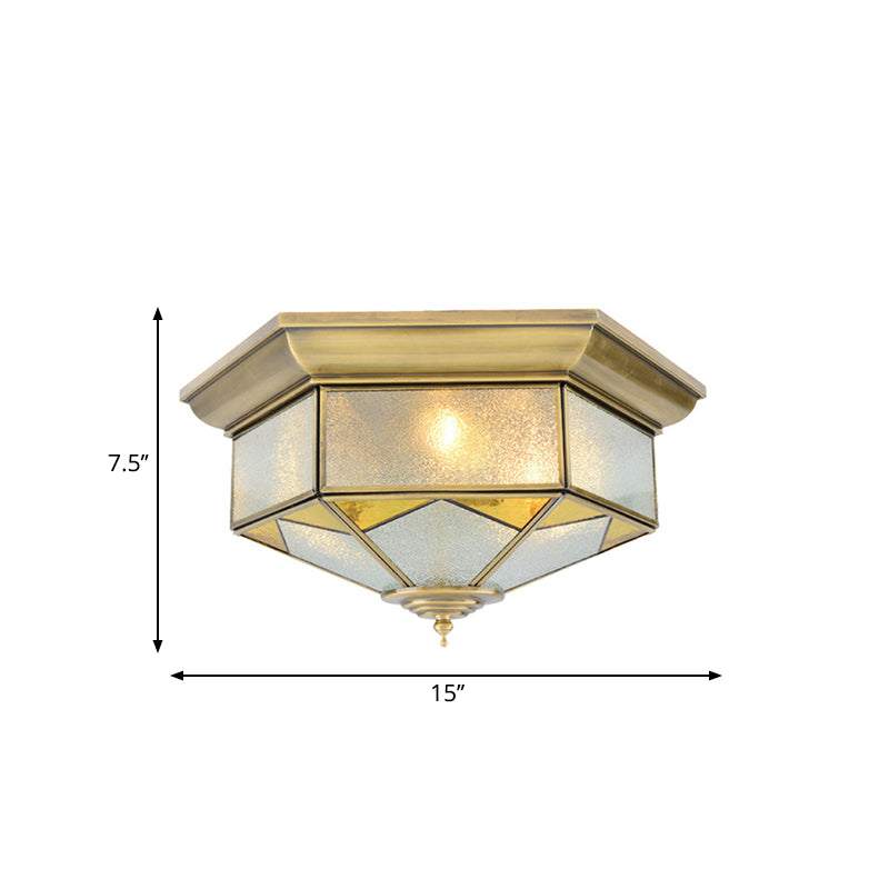 Colonialism Prism Ceiling Mount Light Fixture 3 Bulbs White/Seeded Glass Flush Mount Chandelier in Gold/Blue Clearhalo 'Ceiling Lights' 'Close To Ceiling Lights' 'Close to ceiling' 'Flush mount' Lighting' 270795