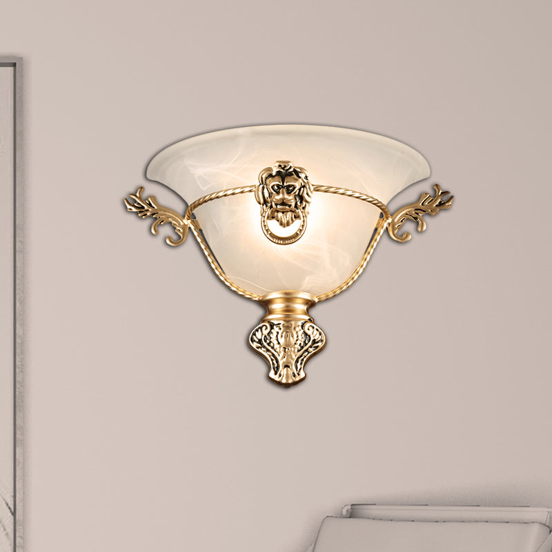 1 Bulb Trumpet Wall Lamp Colonialist Opal Glass Sconce Light Fixture with Copper/Brass Lion Metal Deco for Bedside Copper Clearhalo 'Wall Lamps & Sconces' 'Wall Lights' Lighting' 270797