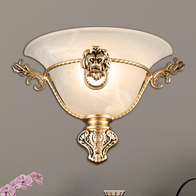 1 Bulb Trumpet Wall Lamp Colonialist Opal Glass Sconce Light Fixture with Copper/Brass Lion Metal Deco for Bedside Clearhalo 'Wall Lamps & Sconces' 'Wall Lights' Lighting' 270798