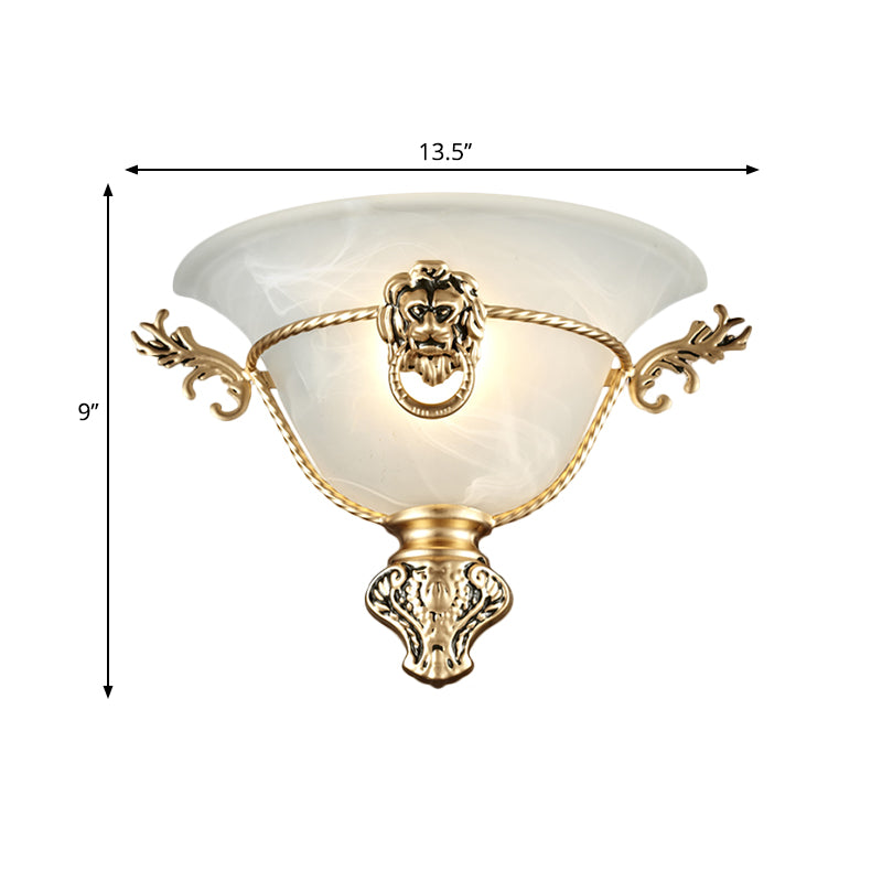1 Bulb Trumpet Wall Lamp Colonialist Opal Glass Sconce Light Fixture with Copper/Brass Lion Metal Deco for Bedside Clearhalo 'Wall Lamps & Sconces' 'Wall Lights' Lighting' 270801
