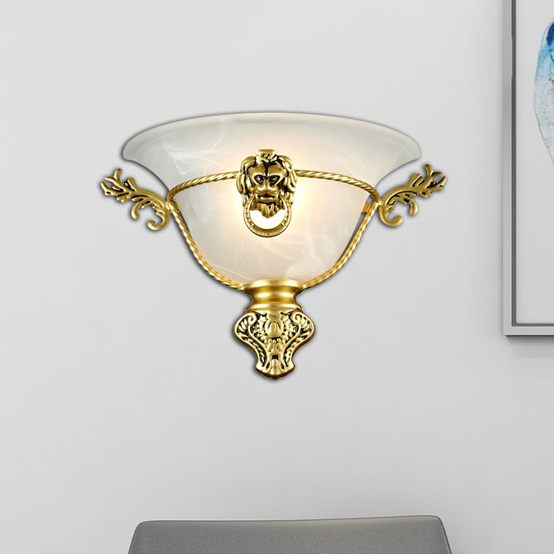 1 Bulb Trumpet Wall Lamp Colonialist Opal Glass Sconce Light Fixture with Copper/Brass Lion Metal Deco for Bedside Clearhalo 'Wall Lamps & Sconces' 'Wall Lights' Lighting' 270803