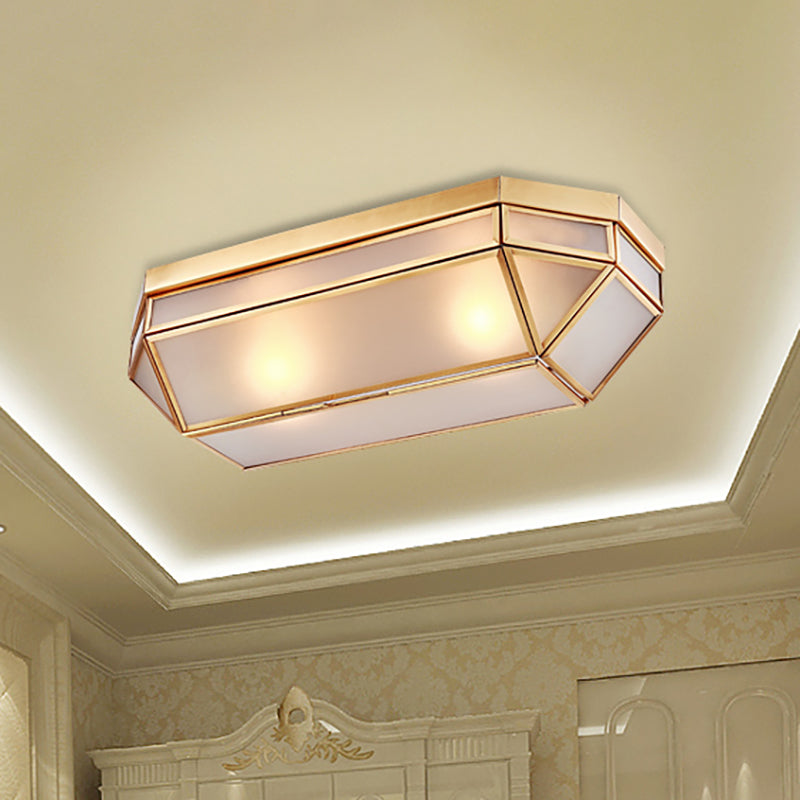 Brass 2 Lights Flush Mount Fixture Colonialism Bevel Frosted Glass Rectangle Ceiling Mounted Light for Foyer Brass Clearhalo 'Ceiling Lights' 'Close To Ceiling Lights' 'Close to ceiling' 'Flush mount' Lighting' 270814