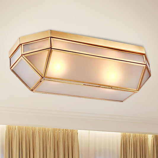 Brass 2 Lights Flush Mount Fixture Colonialism Bevel Frosted Glass Rectangle Ceiling Mounted Light for Foyer Clearhalo 'Ceiling Lights' 'Close To Ceiling Lights' 'Close to ceiling' 'Flush mount' Lighting' 270815