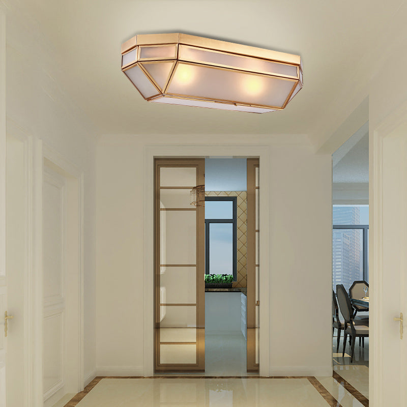 Brass 2 Lights Flush Mount Fixture Colonialism Bevel Frosted Glass Rectangle Ceiling Mounted Light for Foyer Clearhalo 'Ceiling Lights' 'Close To Ceiling Lights' 'Close to ceiling' 'Flush mount' Lighting' 270816