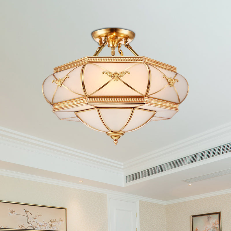 Hat Semi Flush Light Colonial Opal Glass 6 Heads Brass Ceiling Mounted Fixture for Living Room, 16"/18"/21.5" Wide Brass Clearhalo 'Ceiling Lights' 'Close To Ceiling Lights' 'Close to ceiling' 'Glass shade' 'Glass' 'Semi-flushmount' Lighting' 270827