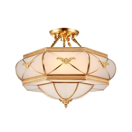 Hat Semi Flush Light Colonial Opal Glass 6 Heads Brass Ceiling Mounted Fixture for Living Room, 16"/18"/21.5" Wide Clearhalo 'Ceiling Lights' 'Close To Ceiling Lights' 'Close to ceiling' 'Glass shade' 'Glass' 'Semi-flushmount' Lighting' 270830
