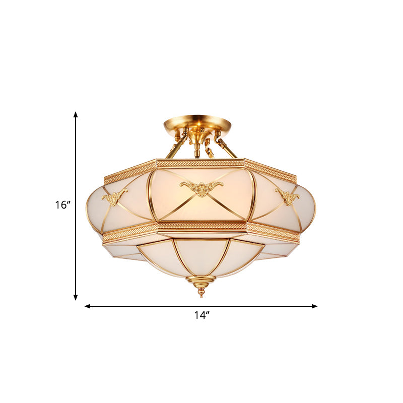 Hat Semi Flush Light Colonial Opal Glass 6 Heads Brass Ceiling Mounted Fixture for Living Room, 16"/18"/21.5" Wide Clearhalo 'Ceiling Lights' 'Close To Ceiling Lights' 'Close to ceiling' 'Glass shade' 'Glass' 'Semi-flushmount' Lighting' 270831