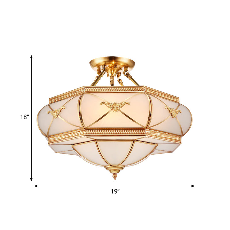 Hat Semi Flush Light Colonial Opal Glass 6 Heads Brass Ceiling Mounted Fixture for Living Room, 16"/18"/21.5" Wide Clearhalo 'Ceiling Lights' 'Close To Ceiling Lights' 'Close to ceiling' 'Glass shade' 'Glass' 'Semi-flushmount' Lighting' 270832