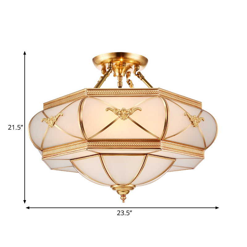 Hat Semi Flush Light Colonial Opal Glass 6 Heads Brass Ceiling Mounted Fixture for Living Room, 16"/18"/21.5" Wide Clearhalo 'Ceiling Lights' 'Close To Ceiling Lights' 'Close to ceiling' 'Glass shade' 'Glass' 'Semi-flushmount' Lighting' 270833
