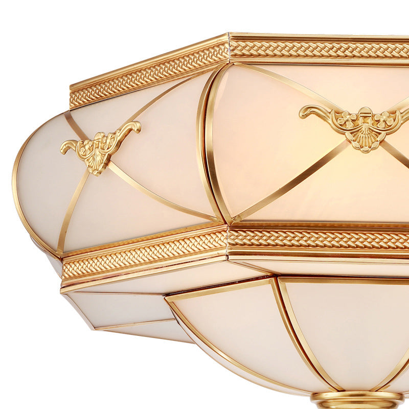 Hat Semi Flush Light Colonial Opal Glass 6 Heads Brass Ceiling Mounted Fixture for Living Room, 16"/18"/21.5" Wide Clearhalo 'Ceiling Lights' 'Close To Ceiling Lights' 'Close to ceiling' 'Glass shade' 'Glass' 'Semi-flushmount' Lighting' 270834