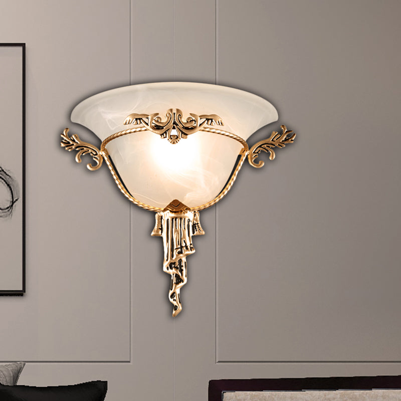 Colony Carved Sconce Metal 1 Bulb Wall Mounted Light Fixture in Copper/Brass with Flared Milky Glass Shade Copper Clearhalo 'Wall Lamps & Sconces' 'Wall Lights' Lighting' 270842