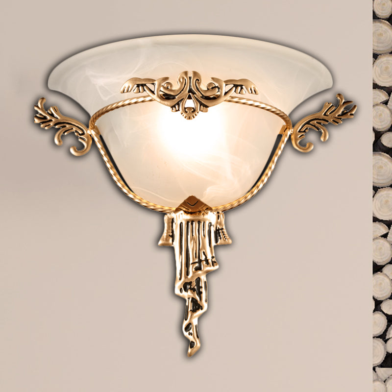 Colony Carved Sconce Metal 1 Bulb Wall Mounted Light Fixture in Copper/Brass with Flared Milky Glass Shade Clearhalo 'Wall Lamps & Sconces' 'Wall Lights' Lighting' 270843