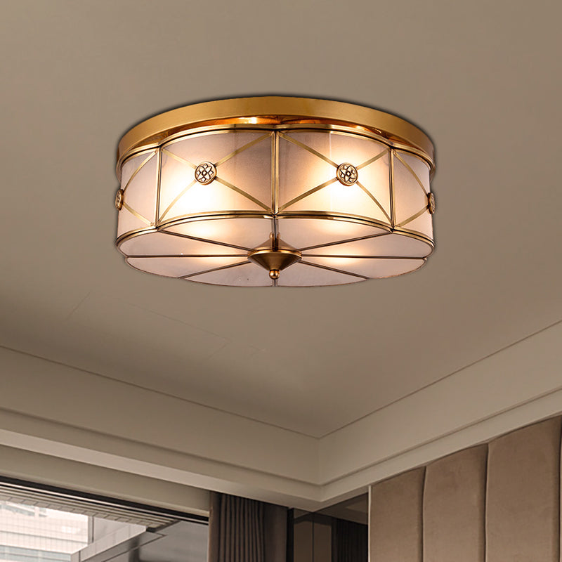 14"/18" W 3/4-Bulb Opal Glass Flush Light Colonialist Brass Scalloped Bedroom Close to Ceiling Lighting Brass Clearhalo 'Ceiling Lights' 'Close To Ceiling Lights' 'Close to ceiling' 'Flush mount' Lighting' 270875