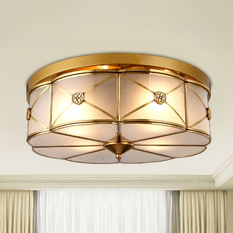 14"/18" W 3/4-Bulb Opal Glass Flush Light Colonialist Brass Scalloped Bedroom Close to Ceiling Lighting Clearhalo 'Ceiling Lights' 'Close To Ceiling Lights' 'Close to ceiling' 'Flush mount' Lighting' 270876