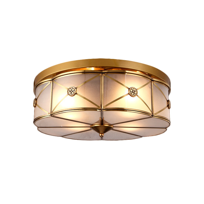 14"/18" W 3/4-Bulb Opal Glass Flush Light Colonialist Brass Scalloped Bedroom Close to Ceiling Lighting Clearhalo 'Ceiling Lights' 'Close To Ceiling Lights' 'Close to ceiling' 'Flush mount' Lighting' 270878