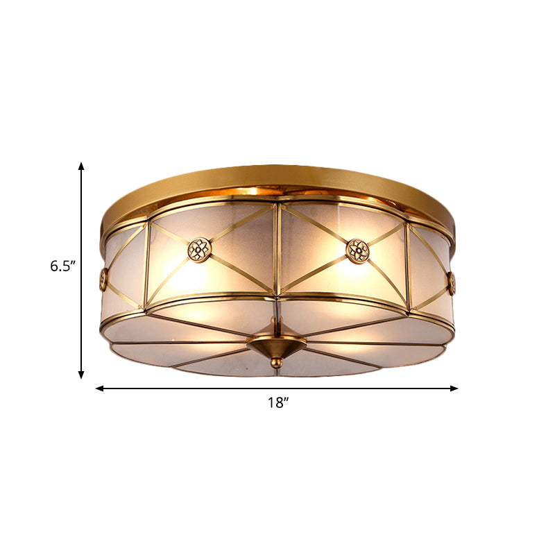 14"/18" W 3/4-Bulb Opal Glass Flush Light Colonialist Brass Scalloped Bedroom Close to Ceiling Lighting Clearhalo 'Ceiling Lights' 'Close To Ceiling Lights' 'Close to ceiling' 'Flush mount' Lighting' 270880