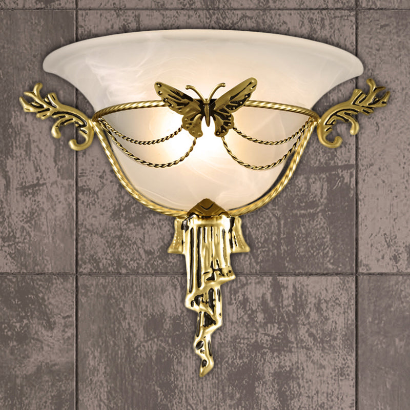 Trumpet Flare Sconce Light Colonization Milk Glass 1 Bulb Wall Mounted Lamp with Brass Metal Butterfly Deco Clearhalo 'Wall Lamps & Sconces' 'Wall Lights' Lighting' 270882