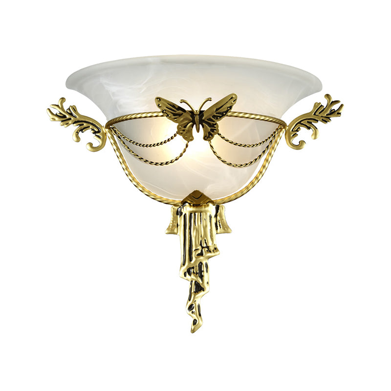 Trumpet Flare Sconce Light Colonization Milk Glass 1 Bulb Wall Mounted Lamp with Brass Metal Butterfly Deco Clearhalo 'Wall Lamps & Sconces' 'Wall Lights' Lighting' 270884