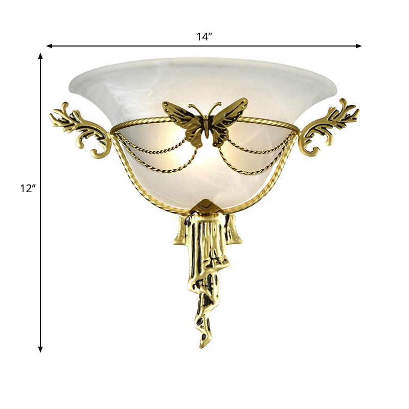 Trumpet Flare Sconce Light Colonization Milk Glass 1 Bulb Wall Mounted Lamp with Brass Metal Butterfly Deco Clearhalo 'Wall Lamps & Sconces' 'Wall Lights' Lighting' 270885