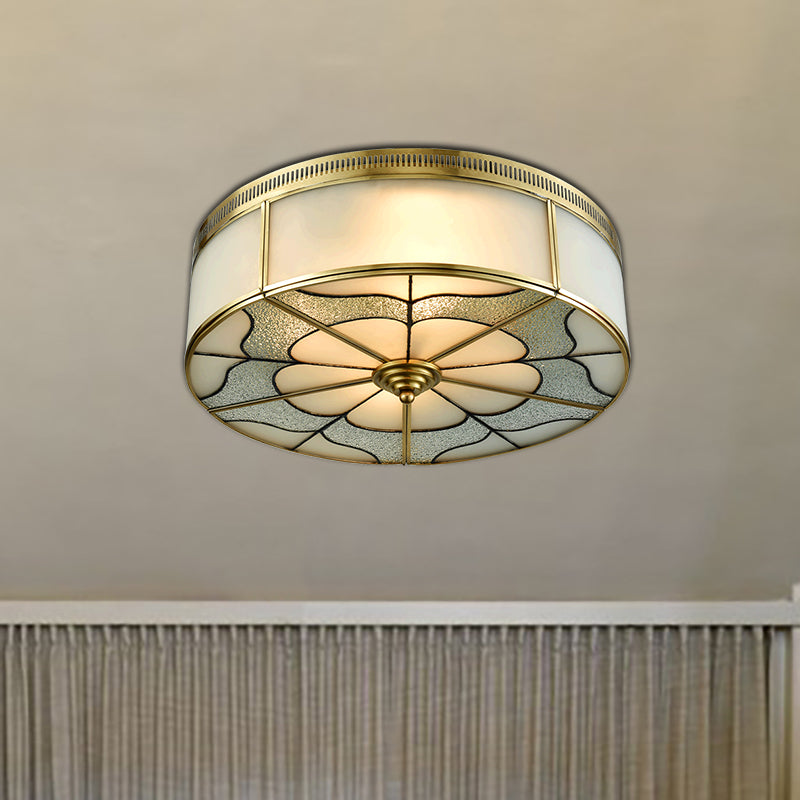 Drum Milky Glass Ceiling Mounted Fixture Colonial 3 Bulbs Bedroom Flush Mount Ceiling Lamp in Brass Brass Clearhalo 'Ceiling Lights' 'Close To Ceiling Lights' 'Close to ceiling' 'Flush mount' Lighting' 270886