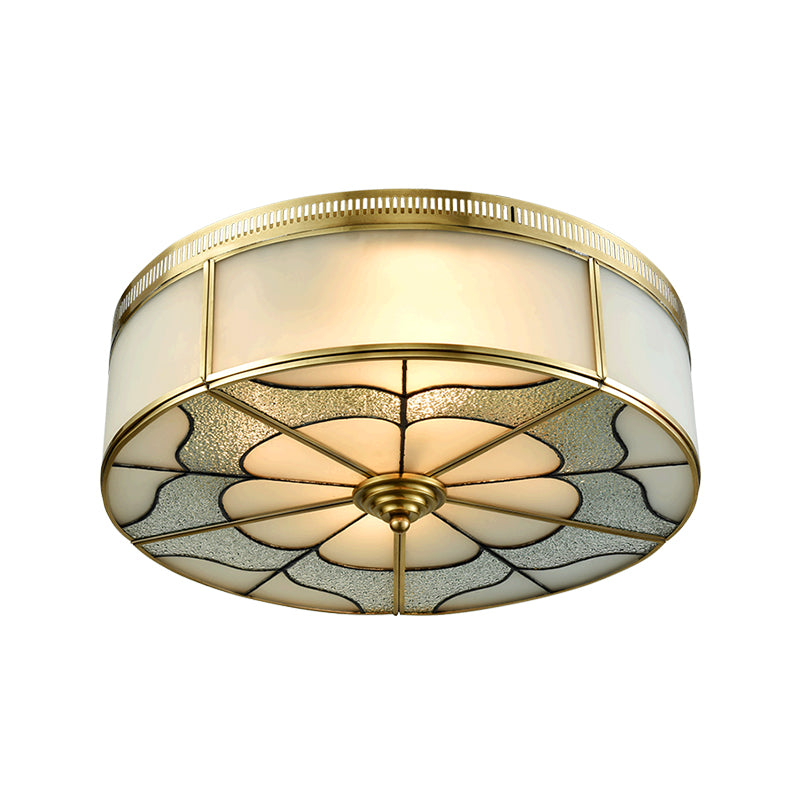 Drum Milky Glass Ceiling Mounted Fixture Colonial 3 Bulbs Bedroom Flush Mount Ceiling Lamp in Brass Clearhalo 'Ceiling Lights' 'Close To Ceiling Lights' 'Close to ceiling' 'Flush mount' Lighting' 270889