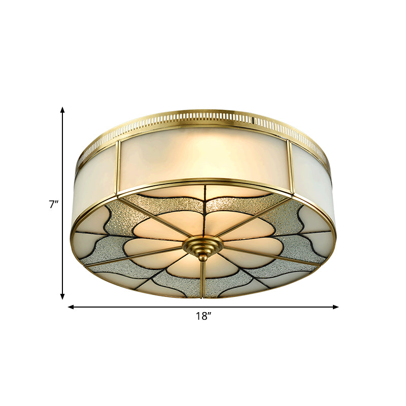 Drum Milky Glass Ceiling Mounted Fixture Colonial 3 Bulbs Bedroom Flush Mount Ceiling Lamp in Brass Clearhalo 'Ceiling Lights' 'Close To Ceiling Lights' 'Close to ceiling' 'Flush mount' Lighting' 270890