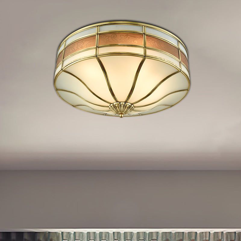 Colonialist Drum Ceiling Mounted Light 3 Bulbs Opaline Glass Flush Mount Light Fixture in Brass for Bedroom Brass Clearhalo 'Ceiling Lights' 'Close To Ceiling Lights' 'Close to ceiling' 'Flush mount' Lighting' 270910