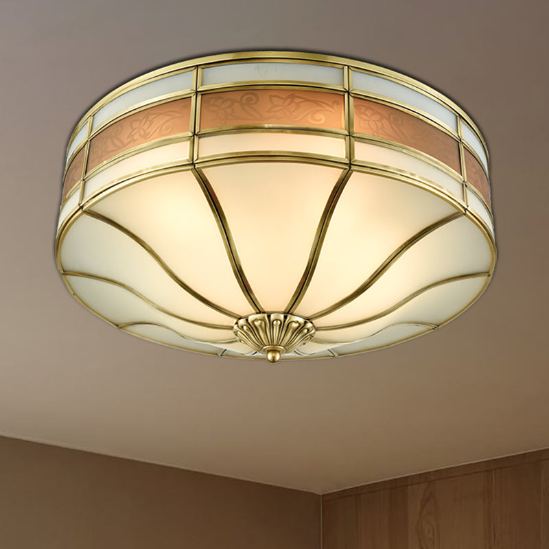 Colonialist Drum Ceiling Mounted Light 3 Bulbs Opaline Glass Flush Mount Light Fixture in Brass for Bedroom Clearhalo 'Ceiling Lights' 'Close To Ceiling Lights' 'Close to ceiling' 'Flush mount' Lighting' 270911