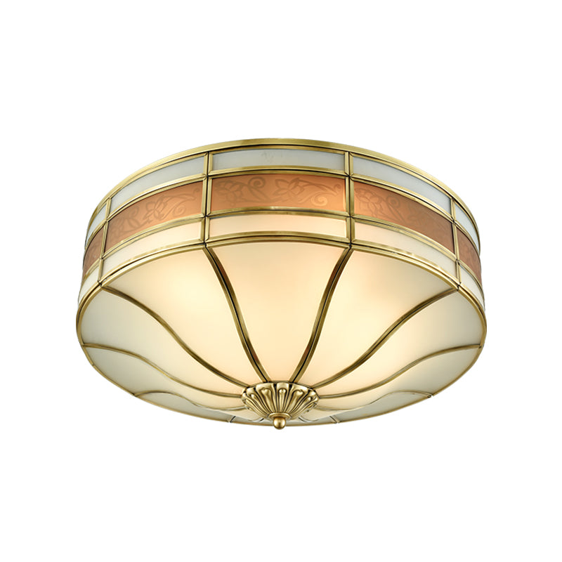 Colonialist Drum Ceiling Mounted Light 3 Bulbs Opaline Glass Flush Mount Light Fixture in Brass for Bedroom Clearhalo 'Ceiling Lights' 'Close To Ceiling Lights' 'Close to ceiling' 'Flush mount' Lighting' 270913