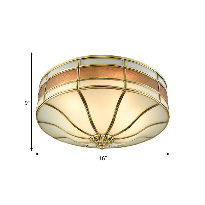 Colonialist Drum Ceiling Mounted Light 3 Bulbs Opaline Glass Flush Mount Light Fixture in Brass for Bedroom Clearhalo 'Ceiling Lights' 'Close To Ceiling Lights' 'Close to ceiling' 'Flush mount' Lighting' 270914