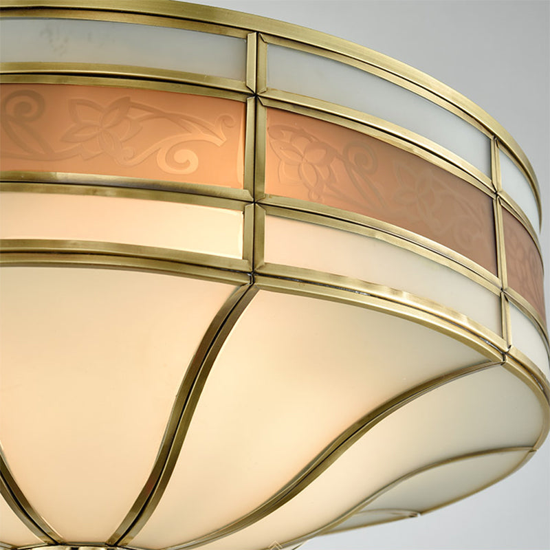 Colonialist Drum Ceiling Mounted Light 3 Bulbs Opaline Glass Flush Mount Light Fixture in Brass for Bedroom Clearhalo 'Ceiling Lights' 'Close To Ceiling Lights' 'Close to ceiling' 'Flush mount' Lighting' 270915