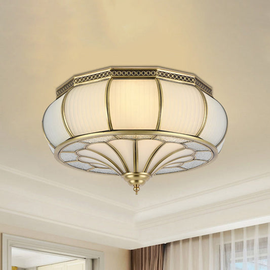 Cream Glass Drum Ceiling Lighting Colonial 4 Heads Living Room Flush Mount Fixture in Brass Brass Clearhalo 'Ceiling Lights' 'Close To Ceiling Lights' 'Close to ceiling' 'Flush mount' Lighting' 270916