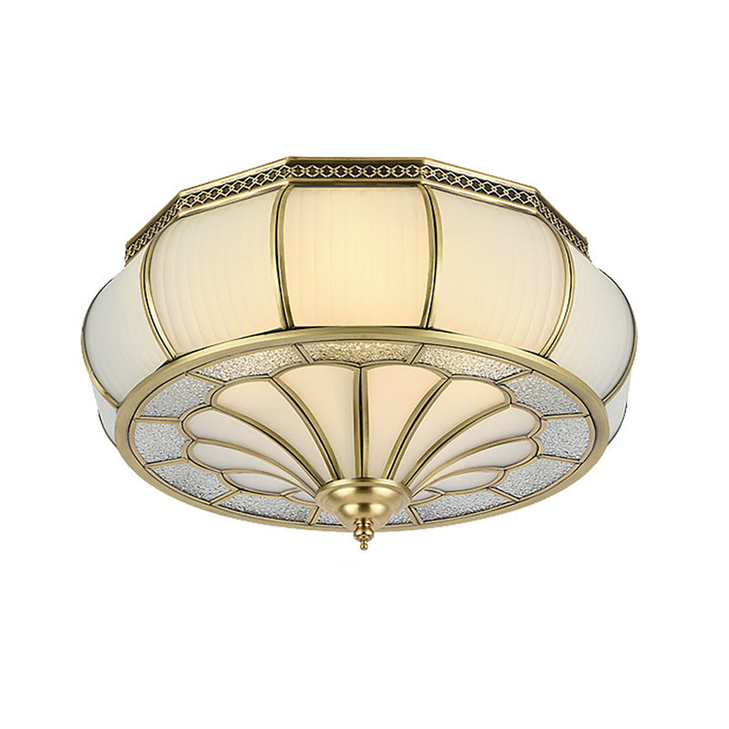 Cream Glass Drum Ceiling Lighting Colonial 4 Heads Living Room Flush Mount Fixture in Brass Clearhalo 'Ceiling Lights' 'Close To Ceiling Lights' 'Close to ceiling' 'Flush mount' Lighting' 270919