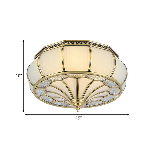 Cream Glass Drum Ceiling Lighting Colonial 4 Heads Living Room Flush Mount Fixture in Brass Clearhalo 'Ceiling Lights' 'Close To Ceiling Lights' 'Close to ceiling' 'Flush mount' Lighting' 270920