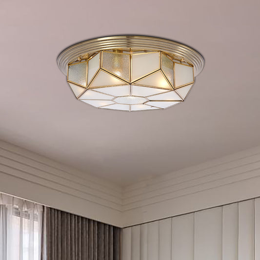 Brass 6 Heads Flush Mount Lamp Colonialism Sandblasted Glass Octagonal Ceiling Fixture for Living Room Brass Clearhalo 'Ceiling Lights' 'Close To Ceiling Lights' 'Close to ceiling' 'Flush mount' Lighting' 270941