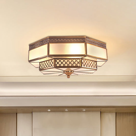 Octagon Bedroom Flush Mount Light Colonial Mouth Blown Opaline Glass 4 Bulbs Brass Close to Ceiling Lamp Brass Clearhalo 'Ceiling Lights' 'Close To Ceiling Lights' 'Close to ceiling' 'Flush mount' Lighting' 270957