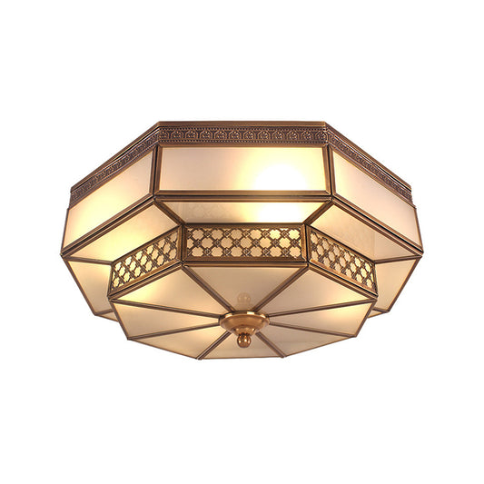 Octagon Bedroom Flush Mount Light Colonial Mouth Blown Opaline Glass 4 Bulbs Brass Close to Ceiling Lamp Clearhalo 'Ceiling Lights' 'Close To Ceiling Lights' 'Close to ceiling' 'Flush mount' Lighting' 270960