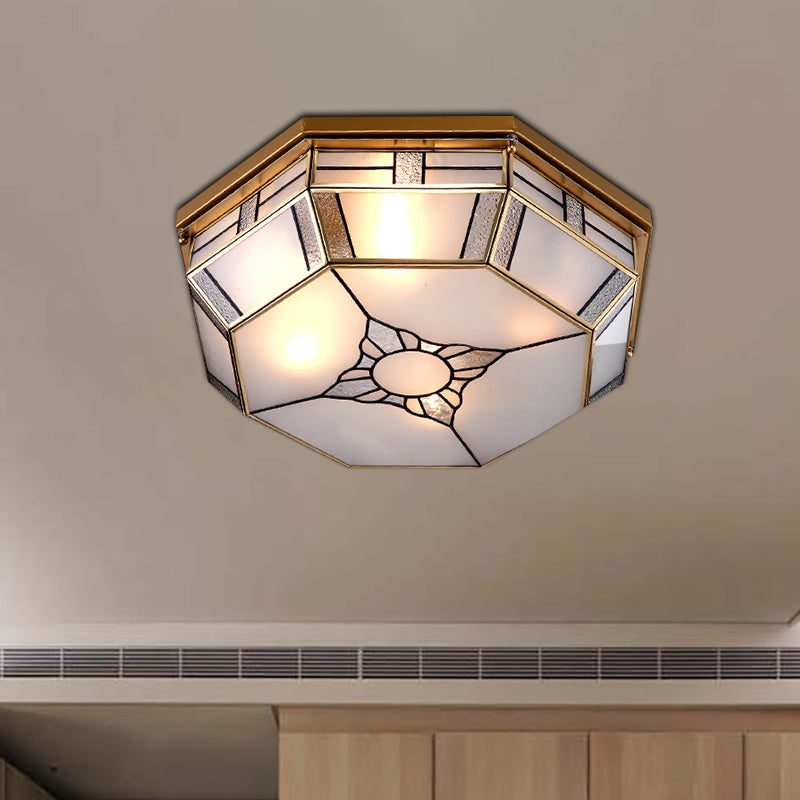 3-Head Opal Glass Flush Light Colonialist Brass Octagonal Bedroom Close to Ceiling Lighting Brass Clearhalo 'Ceiling Lights' 'Close To Ceiling Lights' 'Close to ceiling' 'Flush mount' Lighting' 270975