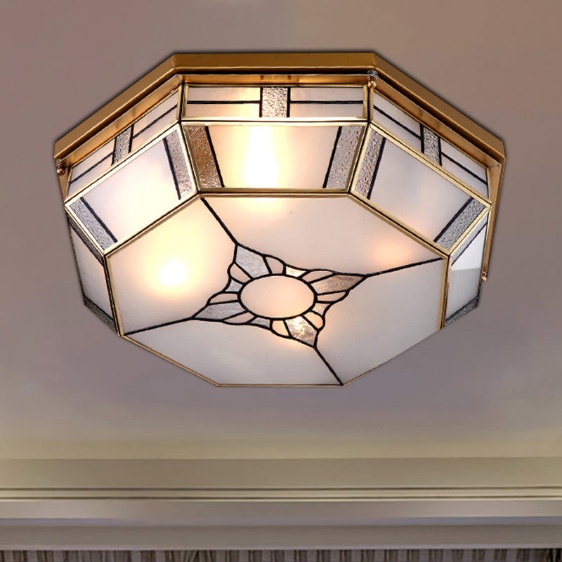 3-Head Opal Glass Flush Light Colonialist Brass Octagonal Bedroom Close to Ceiling Lighting Clearhalo 'Ceiling Lights' 'Close To Ceiling Lights' 'Close to ceiling' 'Flush mount' Lighting' 270976