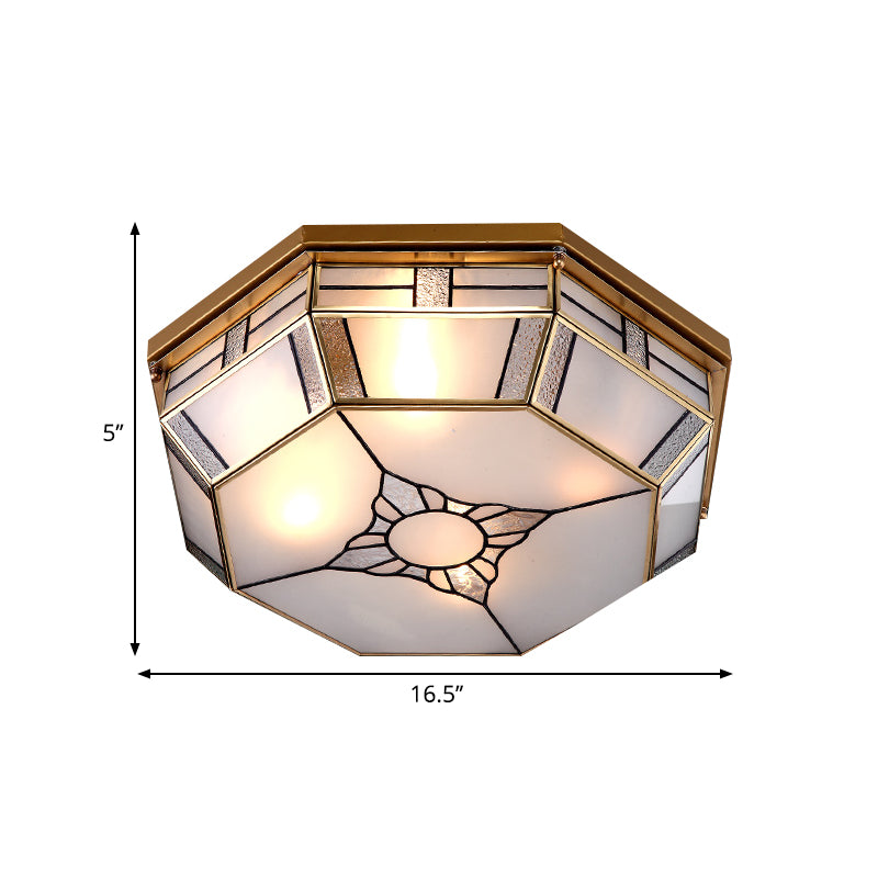 3-Head Opal Glass Flush Light Colonialist Brass Octagonal Bedroom Close to Ceiling Lighting Clearhalo 'Ceiling Lights' 'Close To Ceiling Lights' 'Close to ceiling' 'Flush mount' Lighting' 270979