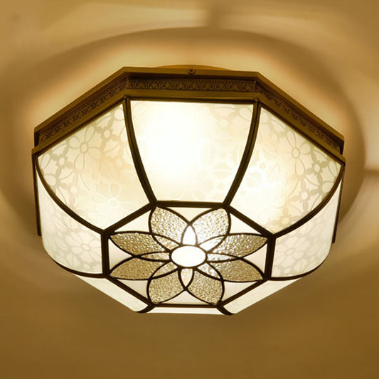 Colonialist Beveled Ceiling Mounted Light 4 Bulbs Opaque Glass Flush Mount Light Fixture in Brass for Bedroom Clearhalo 'Ceiling Lights' 'Close To Ceiling Lights' 'Close to ceiling' 'Flush mount' Lighting' 270981