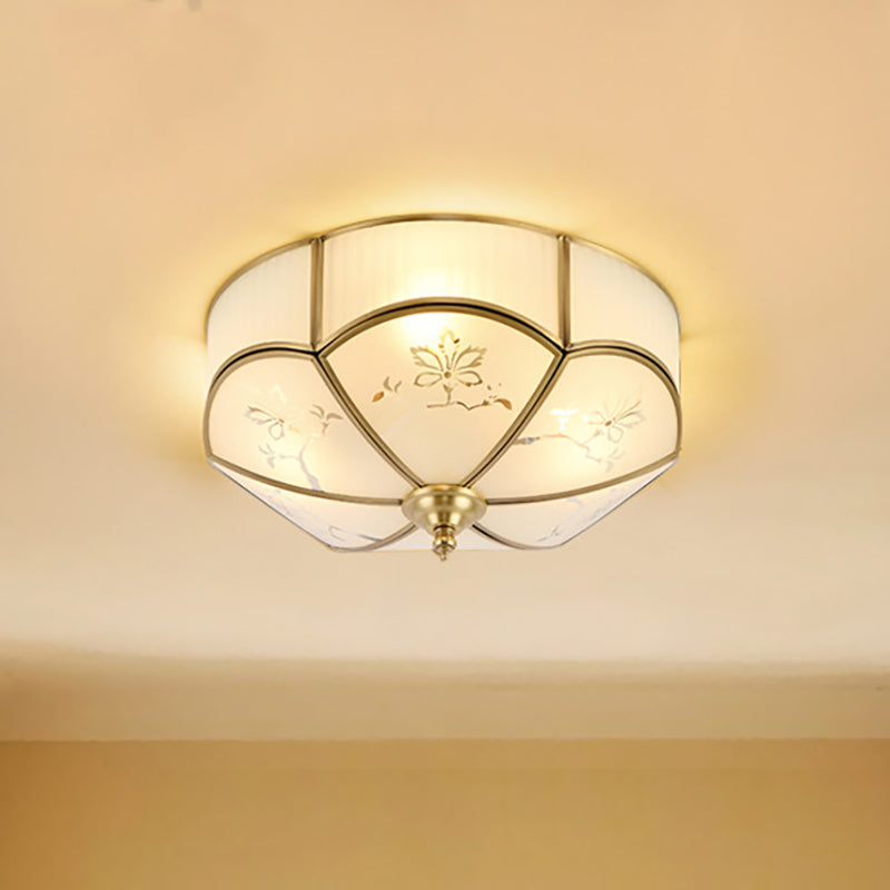 14"/18"/23.5" W Brass 3/4/6 Heads Flush Mount Lamp Colonialism Sandblasted Glass Scalloped Ceiling Fixture for Living Room Brass Clearhalo 'Ceiling Lights' 'Close To Ceiling Lights' 'Close to ceiling' 'Flush mount' Lighting' 271024