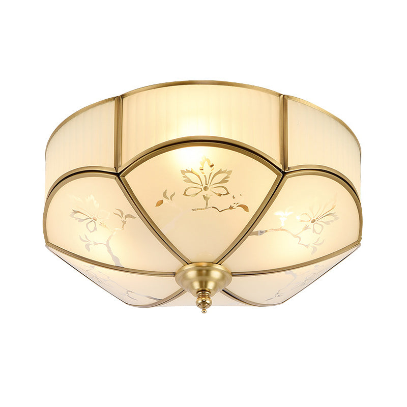 14"/18"/23.5" W Brass 3/4/6 Heads Flush Mount Lamp Colonialism Sandblasted Glass Scalloped Ceiling Fixture for Living Room Clearhalo 'Ceiling Lights' 'Close To Ceiling Lights' 'Close to ceiling' 'Flush mount' Lighting' 271027