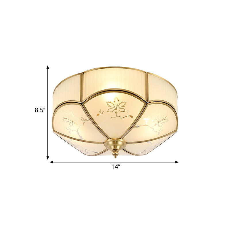 14"/18"/23.5" W Brass 3/4/6 Heads Flush Mount Lamp Colonialism Sandblasted Glass Scalloped Ceiling Fixture for Living Room Clearhalo 'Ceiling Lights' 'Close To Ceiling Lights' 'Close to ceiling' 'Flush mount' Lighting' 271028