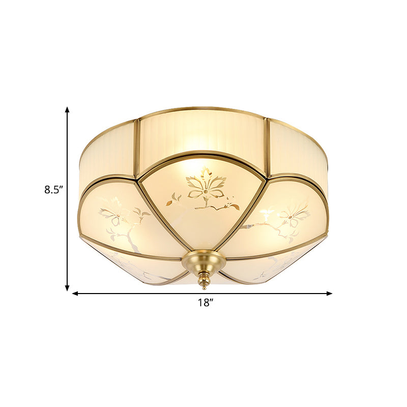 14"/18"/23.5" W Brass 3/4/6 Heads Flush Mount Lamp Colonialism Sandblasted Glass Scalloped Ceiling Fixture for Living Room Clearhalo 'Ceiling Lights' 'Close To Ceiling Lights' 'Close to ceiling' 'Flush mount' Lighting' 271029