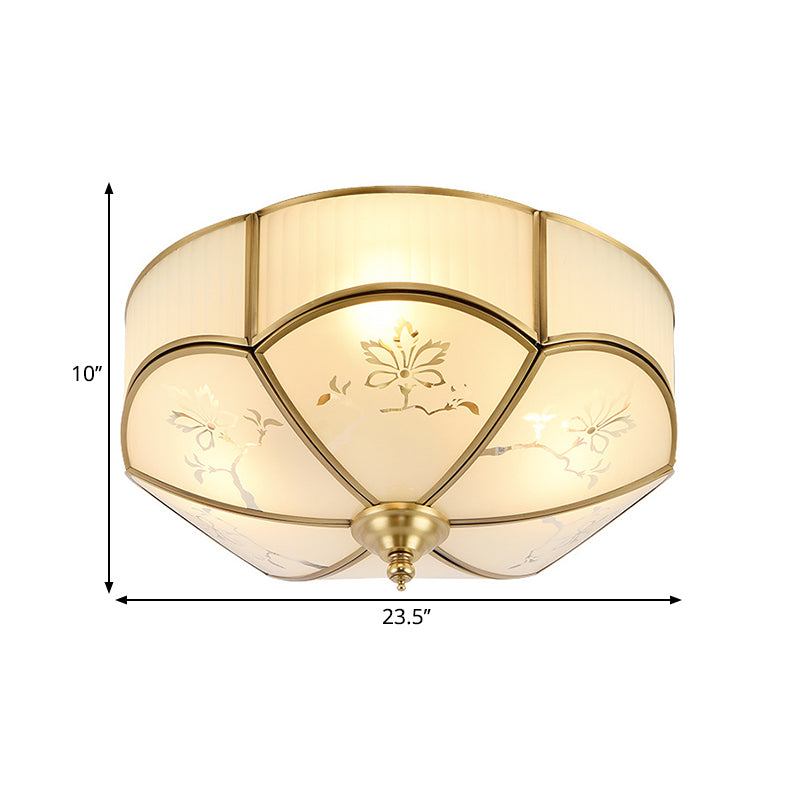 14"/18"/23.5" W Brass 3/4/6 Heads Flush Mount Lamp Colonialism Sandblasted Glass Scalloped Ceiling Fixture for Living Room Clearhalo 'Ceiling Lights' 'Close To Ceiling Lights' 'Close to ceiling' 'Flush mount' Lighting' 271030