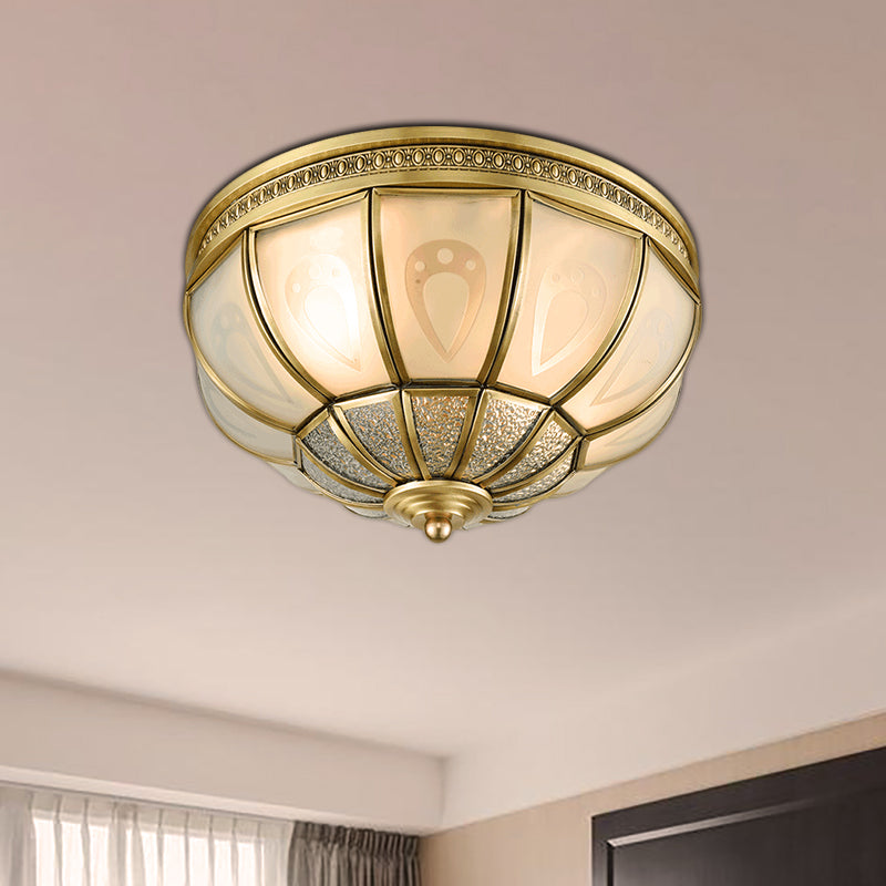 12"/16" W Dome Bedroom Flush Mount Light Colonial Opal Frosted Glass 2/3 Bulbs Brass Close to Ceiling Lamp Brass Clearhalo 'Ceiling Lights' 'Close To Ceiling Lights' 'Close to ceiling' 'Flush mount' Lighting' 271037